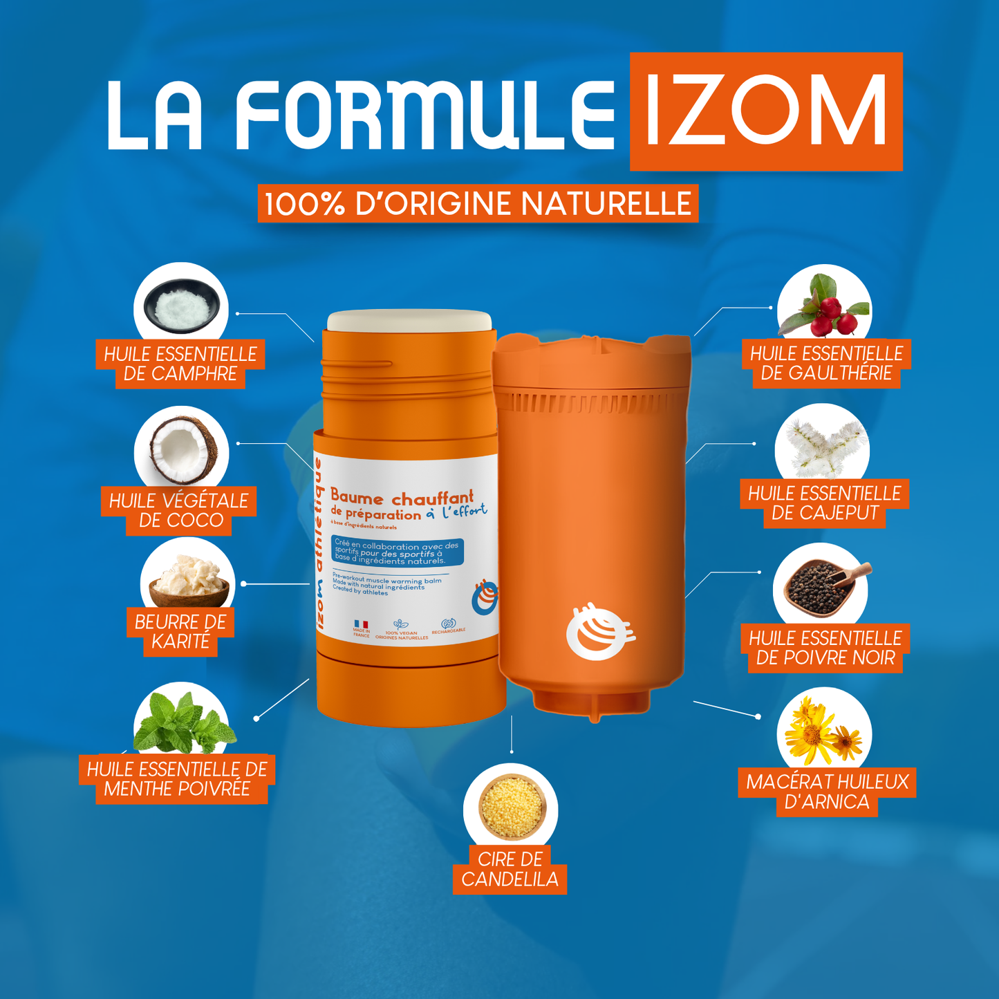 Liste des ingrédients 100% naturels du baume chauffant IZOM Athlétique : huile essentielle de camphre, huile végétale de coco, beurre de karité, huile essentielle de menthe poivrée, cire de candelila, macérat huileux d'arnica, huile essentielle de poivre noir, huile essentielle de cajeput et huile essentielle de gaulthérie.