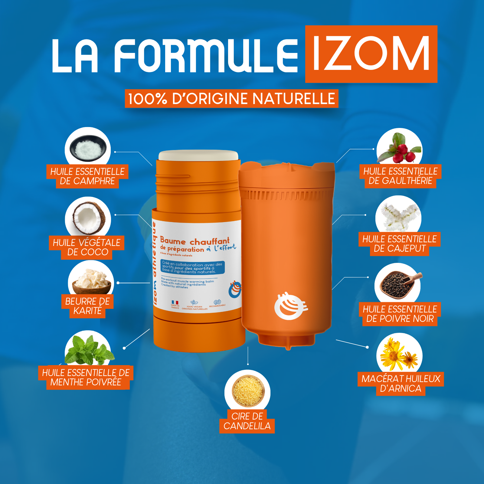 Liste des ingrédients 100% naturels du baume chauffant IZOM Athlétique : huile essentielle de camphre, huile végétale de coco, beurre de karité, huile essentielle de menthe poivrée, cire de candelila, macérat huileux d'arnica, huile essentielle de poivre noir, huile essentielle de cajeput et huile essentielle de gaulthérie.