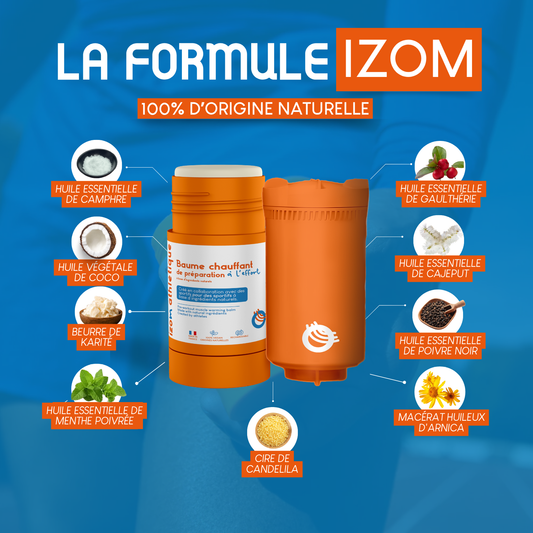 Liste des ingrédients 100% naturels du baume chauffant IZOM Athlétique : huile essentielle de camphre, huile végétale de coco, beurre de karité, huile essentielle de menthe poivrée, cire de candelila, macérat huileux d'arnica, huile essentielle de poivre noir, huile essentielle de cajeput et huile essentielle de gaulthérie.
